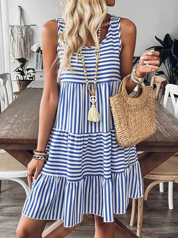 Women's Striped Sleeveless Tiered Boho Inspired Mini Dress for Summer Casual Beach Days in Saudi Arabia