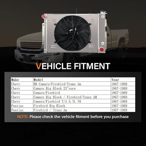 3 Row Aluminium Radiator Replacement for Shroud Fan Relay Fits 1967-1969 Chevy Camaro&Pontiac Firebird/Trans AM All Engines 23" Wide Core in Kuwait