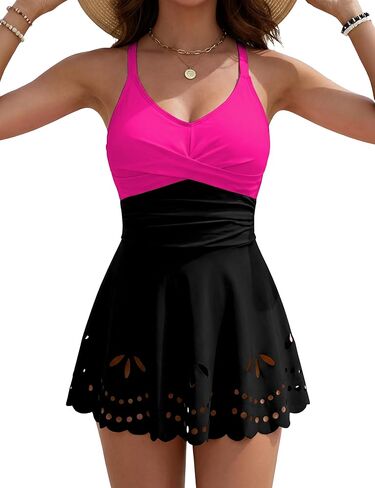 Womens Tankini Swimsuits Tummy Control Bathing Suit Twist Front Cutout Swim Dress with Bikini Bottoms in Saudi Arabia