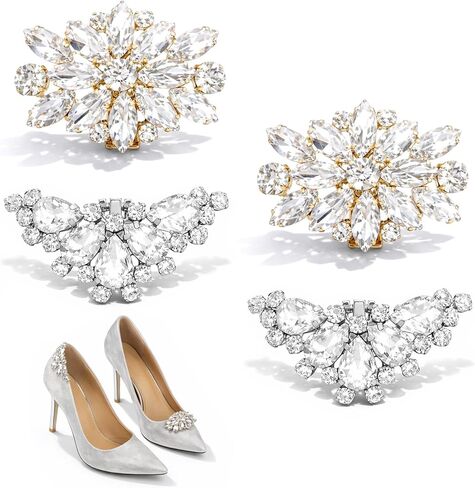 4Pcs Rhinestone Wedding Shoe Clips, Detachable Womens Crystal Shoes Clips Elegant Rhinestone Shoe High Heels Accessories for Prom Party Wedding Halloween Christmas (Gold + Silver) in Saudi Arabia