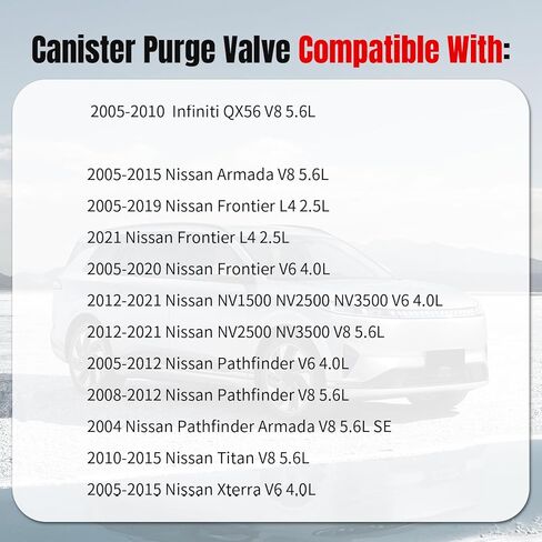 صمام تطهير علبة البخار متوافق مع 4.0L 5.6L Nissan Titan Armada Frontier Pathfinder Xterra NV1500 NV2500 NV3500 Infiniti QX56 04 05 06 07 08 09 10 11 12 1314 15 1617 18 19 20 21,911-336 in Saudi Arabia
