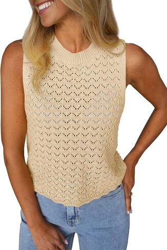 Fisoew Womens Summer Knit Sweater Vest Sleeveless Crochet Crop Tank Tops Hollow Out Boho Beach Vacation Cover Ups in Saudi Arabia
