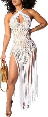 Tbahhir Women's Crochet Swimwear Coverup Sexy Sleeveless Hollow Fringe Maxi Dress Knit Swimsuit Beach Vacation Outfits in Kuwait