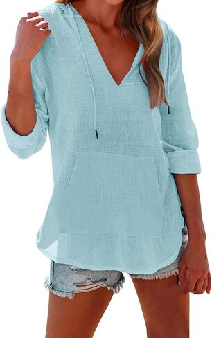 Women's Beach Cover Up Hooded Linen Shirts Long Sleeve Deep V Neck Solid Color Pocketed Vacation Bikini Coverup Tops in Saudi Arabia
