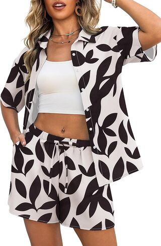 OmicGot Women's Beach Cover Up Set 2 Piece - Flowy Hawaiian Shirt & Shorts, Tropical Print for Summer, Resort, Vacation, S-XL in Kuwait