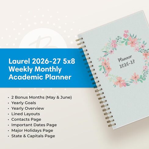 بلو سكاي 2026-2027 تقويم مخطط العام الأكاديمي الأسبوعي والشهري، يوليو 2026 - يونيو 2027، 5 × 8 بوصة، غطاء مرن، سلكي، علامات تبويب مغلفة، لوريل in Saudi Arabia
