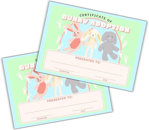 Bunny Rabbit Adoption Certificate 30pk 5x7" Easter Save New Pet Animal Rescue Adopt Milestone Award Basket Stuffed Animal Care Gift Date and Signature Blue Green in Saudi Arabia