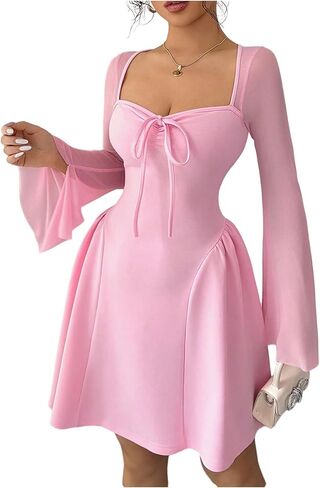Floerns Women's Cute Bowknot Square Neck Mesh Dress Bell Sleeve A Line Birthday Party Short Dresses in Saudi Arabia