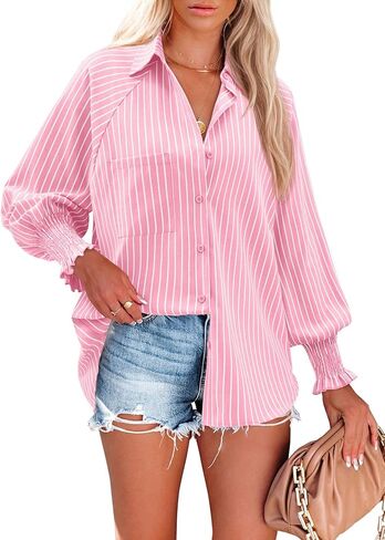 Women's Striped Button Down Shirts Long Sleeve Smocked Cuffed Oversized Boyfriend Blouses Collared Work Tops with Pocket in Kuwait