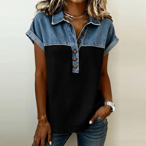 Denim Shirts for Women Button Up V Neck Lapel Collar Casual Short Sleeve Fashion Patchwork Western Blouses 2026 in Saudi Arabia