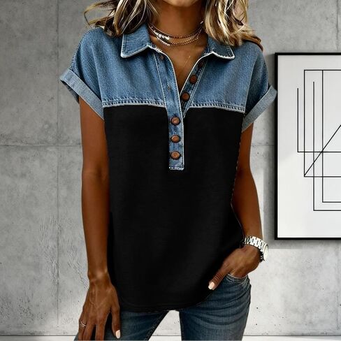 Denim Shirts for Women Button Up V Neck Lapel Collar Casual Short Sleeve Fashion Patchwork Western Blouses 2026 in Saudi Arabia