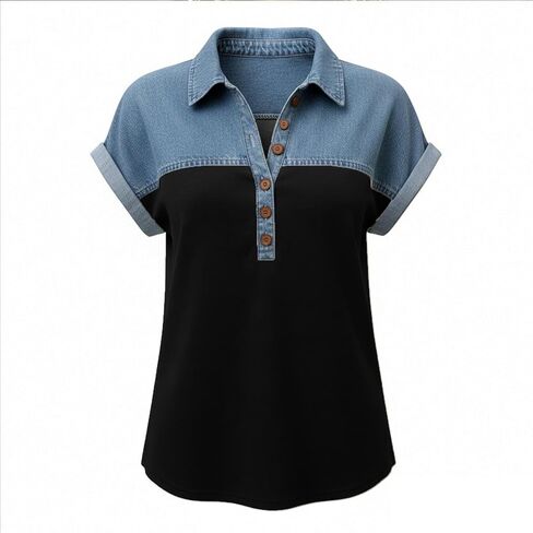 Denim Shirts for Women Button Up V Neck Lapel Collar Casual Short Sleeve Fashion Patchwork Western Blouses 2026 in Saudi Arabia