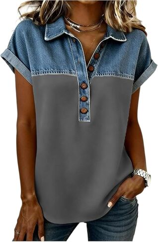 Denim Shirts for Women Button Up V Neck Lapel Collar Casual Short Sleeve Fashion Patchwork Western Blouses 2026 in Saudi Arabia