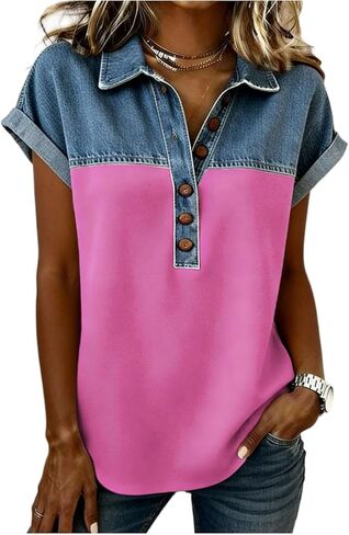 Denim Shirts for Women Button Up V Neck Lapel Collar Casual Short Sleeve Fashion Patchwork Western Blouses 2026 in Saudi Arabia