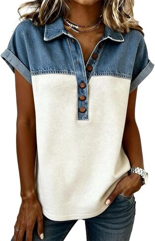Denim Shirts for Women Button Up V Neck Lapel Collar Casual Short Sleeve Fashion Patchwork Western Blouses 2026 in Saudi Arabia