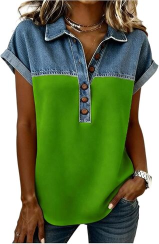 Denim Shirts for Women Button Up V Neck Lapel Collar Casual Short Sleeve Fashion Patchwork Western Blouses 2026 in Saudi Arabia