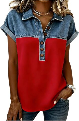 Denim Shirts for Women Button Up V Neck Lapel Collar Casual Short Sleeve Fashion Patchwork Western Blouses 2026 in Saudi Arabia