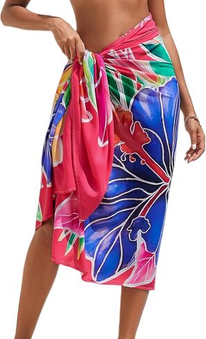ملابس السباحة النسائية Sarong Beach Cover Up تنورة ملفوفة مطبوعة بفتحة عالية لملابس السباحة البكيني، والعطلات الصيفية والحفلات in Kuwait