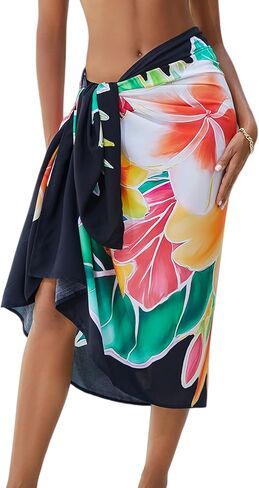ملابس السباحة النسائية Sarong Beach Cover Up تنورة ملفوفة مطبوعة بفتحة عالية لملابس السباحة البكيني، والعطلات الصيفية والحفلات in Kuwait