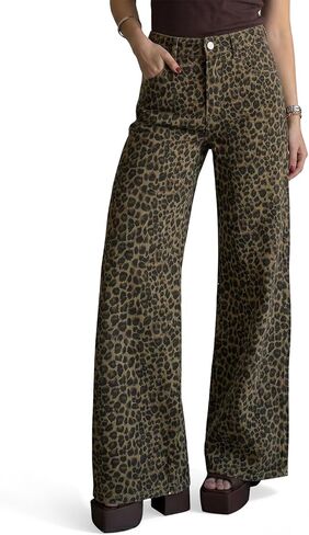 Cicy Bell Womens Wide Leg Jeans High Waisted Leopard Baggy Stretchy Denim Pants with Pockets in Saudi Arabia