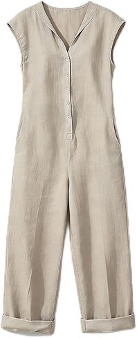 Cotton Linen Jumpsuit for Women Dressy Casual Button Down Jumpsuits Summer Loose Cap Sleeve Wide Leg Pants Overalls in Saudi Arabia