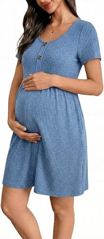 BLENCOT Short Sleeve Maternity Rib Knitted Dress for Spring Summer Button Knit Ribbed Babydoll Pregnancy Dresses with Pocket in Saudi Arabia