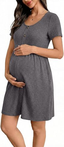 BLENCOT Short Sleeve Maternity Rib Knitted Dress for Spring Summer Button Knit Ribbed Babydoll Pregnancy Dresses with Pocket in Saudi Arabia