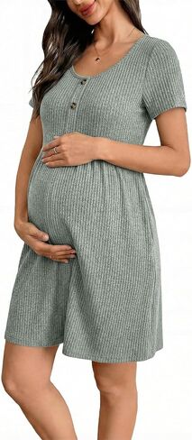 BLENCOT Short Sleeve Maternity Rib Knitted Dress for Spring Summer Button Knit Ribbed Babydoll Pregnancy Dresses with Pocket in Saudi Arabia