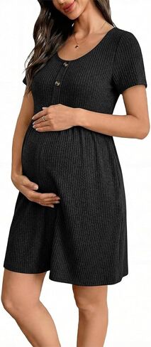BLENCOT Short Sleeve Maternity Rib Knitted Dress for Spring Summer Button Knit Ribbed Babydoll Pregnancy Dresses with Pocket in Saudi Arabia