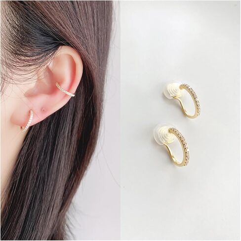 Clip On Earrings for Women 14K Gold Plated Hoop CZ Huggie Hoops Small Adjustable Non Pierced Fake Golden Earrings Invisible Hoop Clip On Earrings in Saudi Arabia