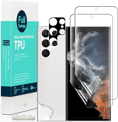 Ibywind Screen Protector For SamSung Galaxy S22 Ultra 5G,with 2Pcs Flexible TPU Film,1Pc Camera Lens Protector,1Pc Backing Carbon Fiber Film [Fingerprint Reader,Easy to install] in Kuwait