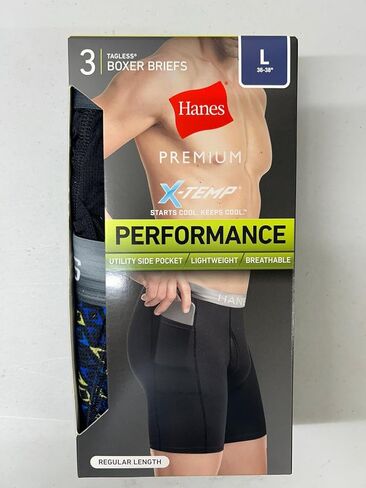 Hanes Premium Men's Xtemp Boxer Briefs with pocket 3pk - Gray/Blue/Black, Large in Saudi Arabia