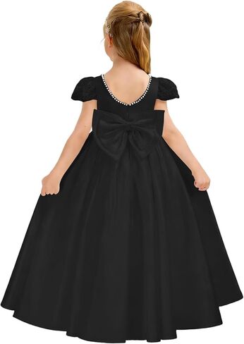 Satin Flower Girl Dress for Wedding Cap Sleeves Pearls Bow Knot V-Neck Puffy Long Crew Neck Princess Pageant Gowns in Kuwait
