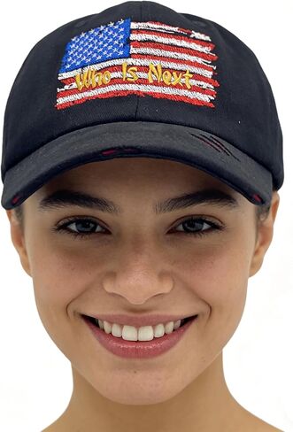 Who is Next Themed Embroidered Hat American Flag Vintage Washed Distressed Baseball Cap Black in Saudi Arabia