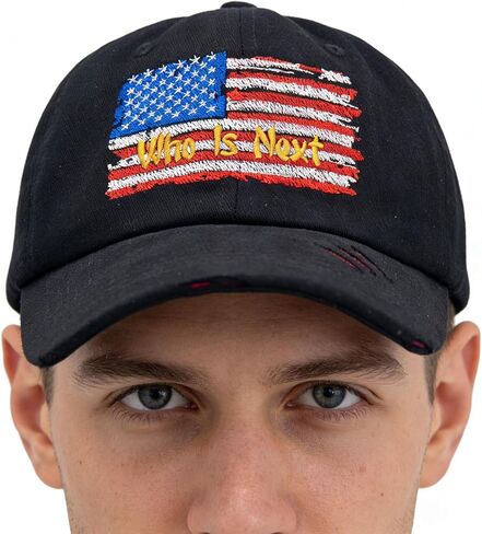 Who is Next Themed Embroidered Hat American Flag Vintage Washed Distressed Baseball Cap Black in Saudi Arabia