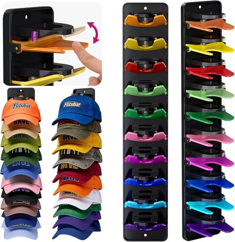 Spring-Loaded Hat Organizer for Baseball Caps (2 Pack) – Holds 20 Caps, Quick Insert & Smooth Release with Secure Hold, Wall Mount for Closet or Door with Adhesive & Screws in Kuwait
