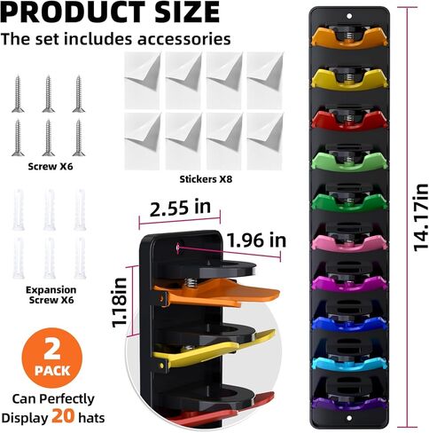 Spring-Loaded Hat Organizer for Baseball Caps (2 Pack) – Holds 20 Caps, Quick Insert & Smooth Release with Secure Hold, Wall Mount for Closet or Door with Adhesive & Screws in Kuwait