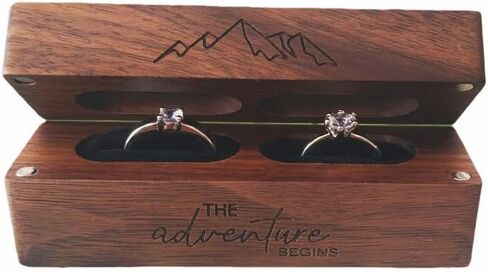 صندوق خاتم من خشب الجوز مصنوع يدويًا من molchagar مع غطاء مغناطيسي منقوش عليه عبارة "The Adventure Begins" - هدية الذكرى السنوية والزفاف للأزواج، صندوق تخزين المجوهرات، حامل تذكار in Kuwait