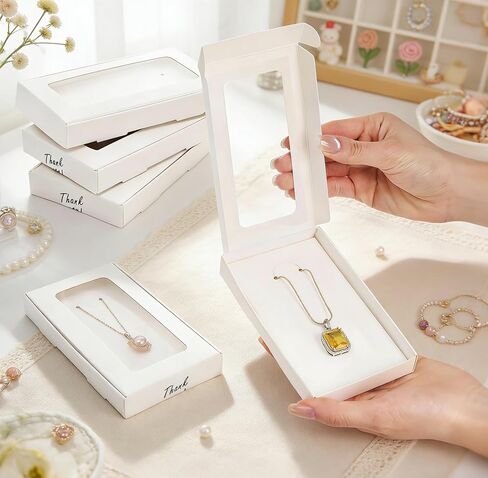 50 Pack Jewelry Packaging Boxes, 5.4'' x 3.2'' x 0.7'' Paper Necklace Gift Box with Clear Window Display Card Stickers, Sublimation Keychain Packaging Box for Bracelets, Earrings Displaying in Kuwait
