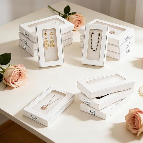 50 Pack Jewelry Packaging Boxes, 5.4'' x 3.2'' x 0.7'' Paper Necklace Gift Box with Clear Window Display Card Stickers, Sublimation Keychain Packaging Box for Bracelets, Earrings Displaying in Kuwait