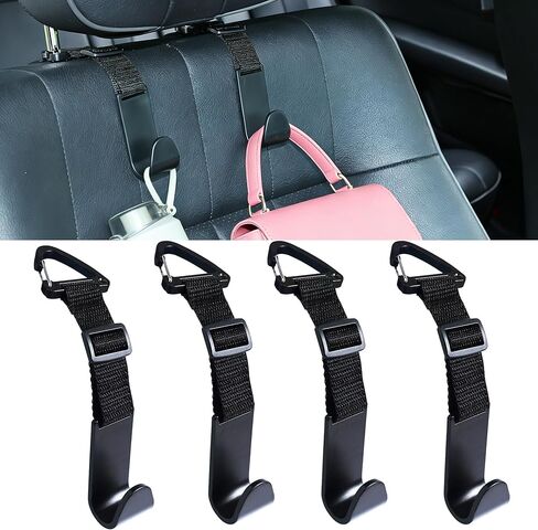 Adjustable 4-Pack Car Headrest Hooks - Universal Seat Back Organizer with Heavy-Duty Clip for Purses, Bags & Groceries Black in Saudi Arabia