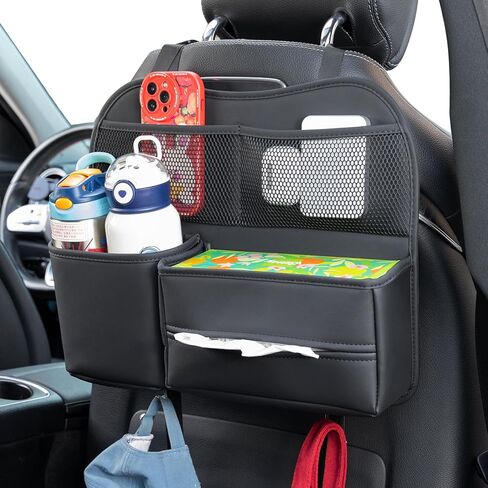 منظم ظهر مقعد السيارة من الجلد مع حامل مناديل وحامل زجاجة مياه وحامل هاتف لرحلات الطريق. (أسود) in Kuwait