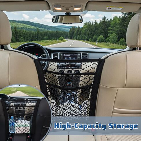 3-Layer Car Mesh Organizer, Elastic Purse Holder for Car, Dog Car-Net Barrier for Kid Pet, Cars Purse Holder Between Seats Accessories, Universal Stretchable Cars Seat Mesh Bag in Saudi Arabia