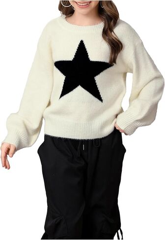 MakeMeChic Girl's Star Print Crew Neck Sweater Long Sleeve Knitted Cute Pullover Tops in Saudi Arabia