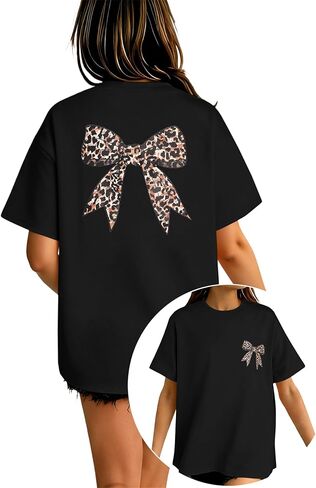 تي شيرتات للفتيات كبيرة الحجم برسومات على شكل فيونكة الفهد وأكمام قصيرة، قمصان صيفية لطيفة in Kuwait