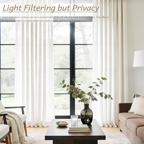 ستائر كتان طويلة مطوية بقرصة ثلاثية مقاس 90 بوصة، مجموعة من لوحتين لغرفة المعيشة، ستائر نظام المسار محايدة وحديثة للمزرعة، مرشحة للضوء، مزيج من الكتان شبه الشفاف، ستائر مطوية بقرصة 90 طول كريمي in Kuwait