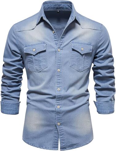 قميص Eisctnd الرجالي من الدنيم بأزرار سفلية، قمصان عمل كلاسيكية بأكمام طويلة مع جيبين in Kuwait