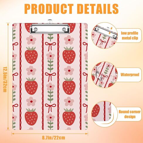 Strawberry Clipboard Low Profile Metal Clip Flower Bow Acrylic Clip Boards A4 Letter Size for Nurses Teachers Kids School 8.5X 12.5 in in Saudi Arabia