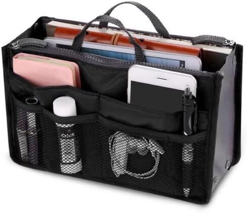 Hand-Held Double Zipper Makeup Organizer with Mesh Pockets Bag-In-Bag Purse Insert for Travel Toiletries Makeup Inner Liner, Black in Saudi Arabia
