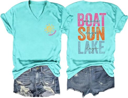 Lake Life Shirts Women Boat Waves Sun Rays Lake Days Graphic T Shirt Summer Holiday Tee Beach Short Sleeve Tshirt Top in Saudi Arabia